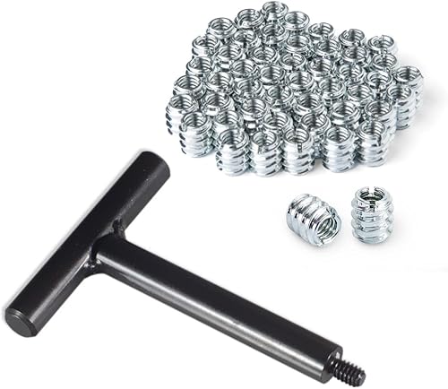 POWERTEC 71814 - Juego de herramientas de instalación de insertos roscados de 14-20  Llave en T con 50 insertos roscados chapados en zinc para