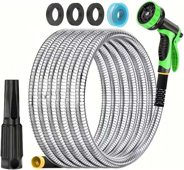 Stainless Steel Heavy Duty Garden Hose + Spray Nozzle: Leak-Proof, Flexible Design for Yard Care (Stainless Steel - 50FT Upgrade Version)
