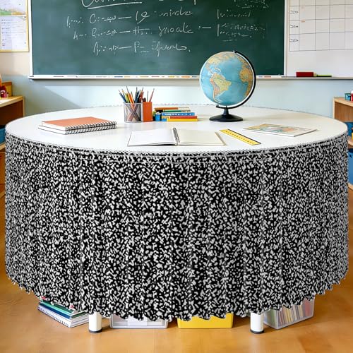 Image of 9FT Ruffle Black and White Table Skirt Teacher Desk Skirt for Composition Notebook Classroom Decor Rectangle Table Cloth Desk Cover for Back to School Party Supplies Dorm Office Bookcase Cabinet