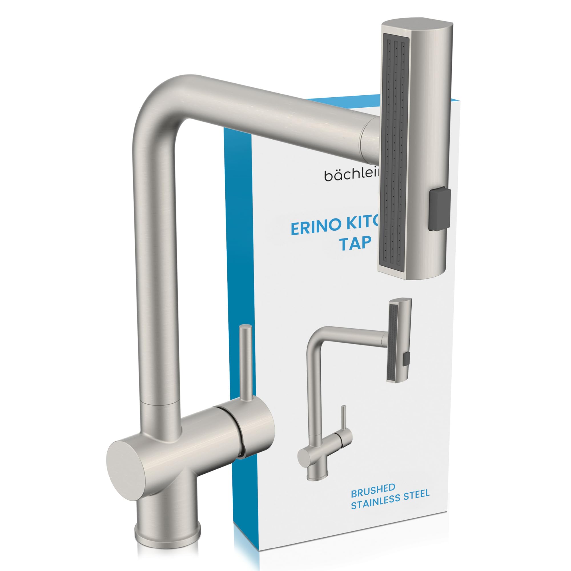 Bächlein Brushed Stainless Steel Erino Kitchen Tap (Brushed Stainless Steel) – Swivel Single-Handed Sink Tap With 3 Jet Types – Kitchen Tap With Pull-Out And Rotatable Spray Head And Waterfall Function