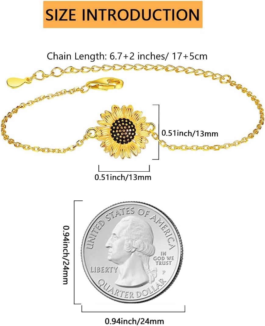 ORANGE FOREST Sunflower Bracelet for Women 925 Sterling Silver Gold Plated Adjustable Sunflower Bracelets Birthday Christmas Thanksgiving Day Jewelry Gifts for Women - Image 3