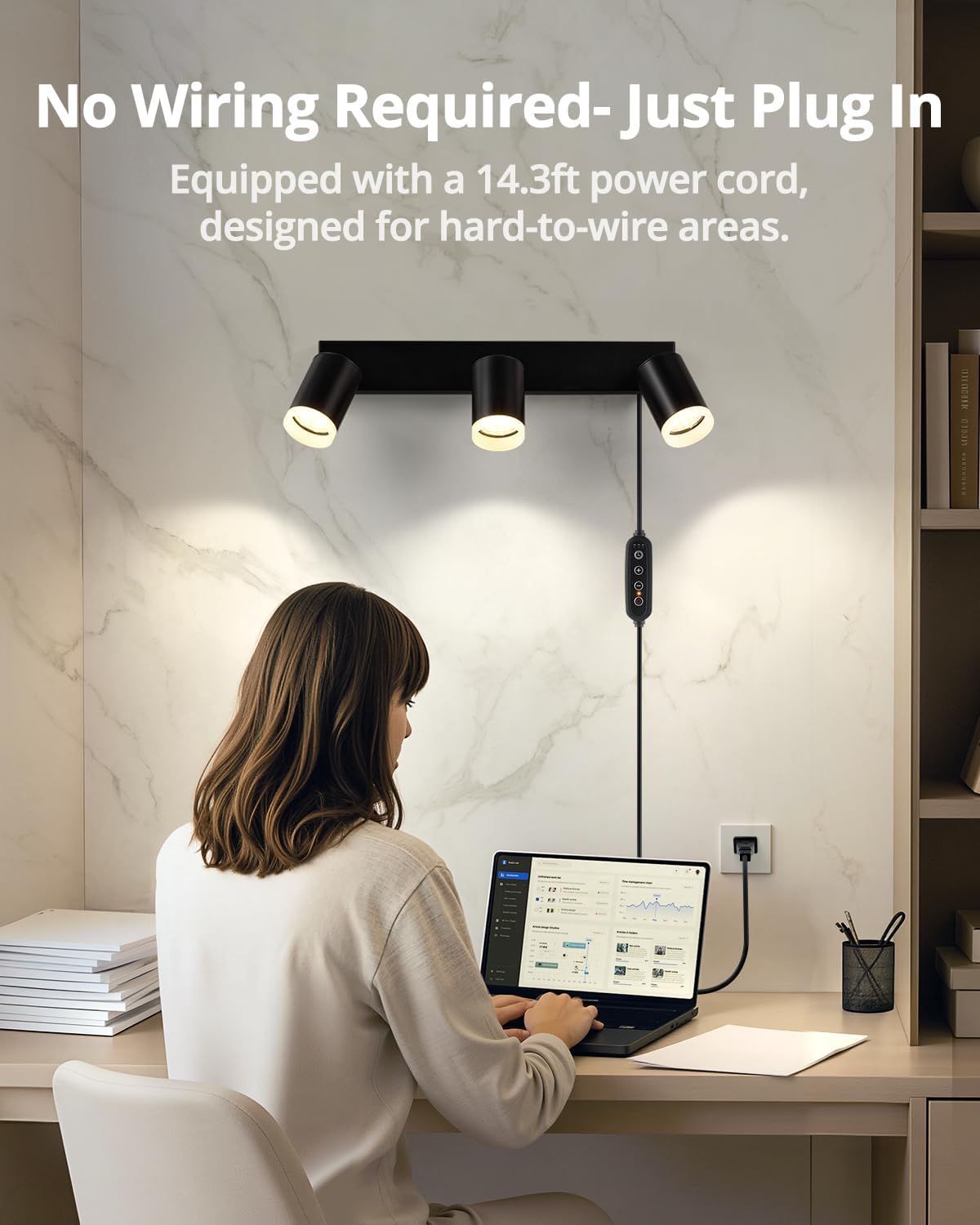 Bojim Plug in Ceiling Track Lighting with 14.3ft Power Cord for Kitchen, Dimmable LED Spotlight Wall Mounted for Sala, Black 3 Lights Fixture Removable Cup for Bedroom Farmhouse Studio, GU10 No Bulb Black 3 Light(Plug in)