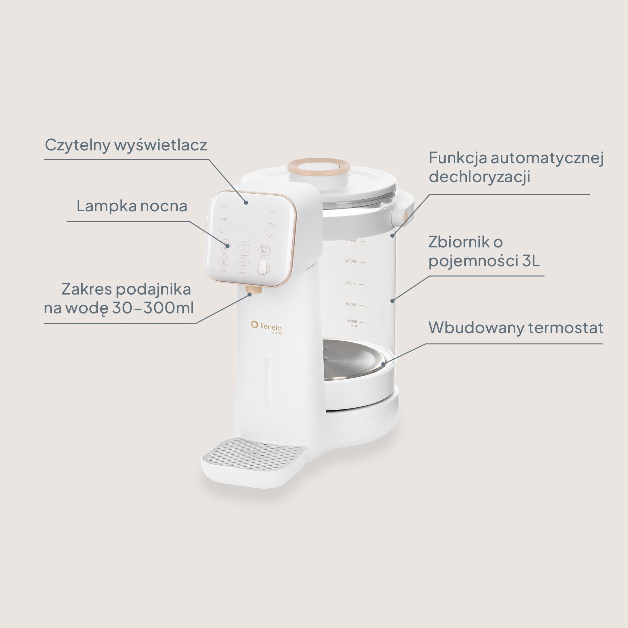 Lionelo Babypresto 2.0 urządzenie do przygotowywania butelek dla niemowląt i ogrzewacz do butelek dla niemowląt o temperaturze 40-100°C, higiena UV, dechlorowanie, dozowanie 30-300 ml, szklany