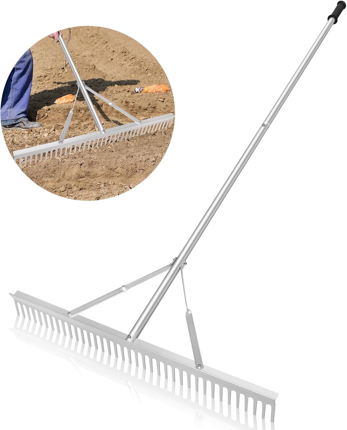 Landscape Garden Rake 36" Head Aluminum Heavy Duty Rake for Leaves Weed with 69" Long Handle for Loosening Soil Lawn Care Weeding Landscaping Tools