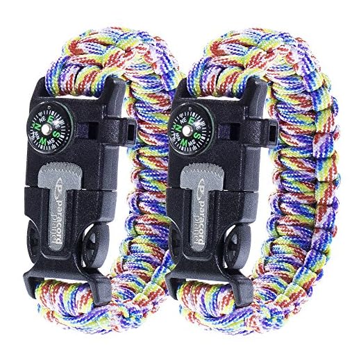 Paracord Planet Pulseiras de Paracord de Emergência | Conjunto de 2 | Equipamento Tático de Sobrevivência | Acionador de fogo de pederneira, apito, bússola e raspador | Melhor kit de sobrevivência selvagem ao ar livre para acampamento/pesca