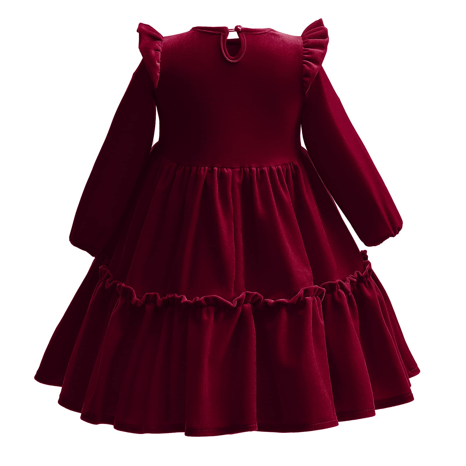 Enfants Filles Robe de Noël Manches Longues Velours Automne Hiver Vêtements Princesse A Ligne Couleur unie Volants Robe de Fête Anniversaire Festif Concours Robe de Bal, rouge bordeaux, 6-7 ans
