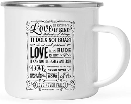 Andaz Press 11oz. Stainless Steel Campfire Coffee Mug Gift, Love Never Fails 1 Corinthians 13 4-8, 1-Pack