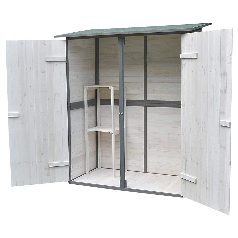 Melko Gartenschrank Gerätehaus Holz mit Pultdach 162x140x75 cm inkl. Regal | Zweiflügeltür mit Schiebeverriegelung, vorbehandeltes Fichtenholz, Weiß-Grau, Platz für Rasenmäher und Gartengeräte