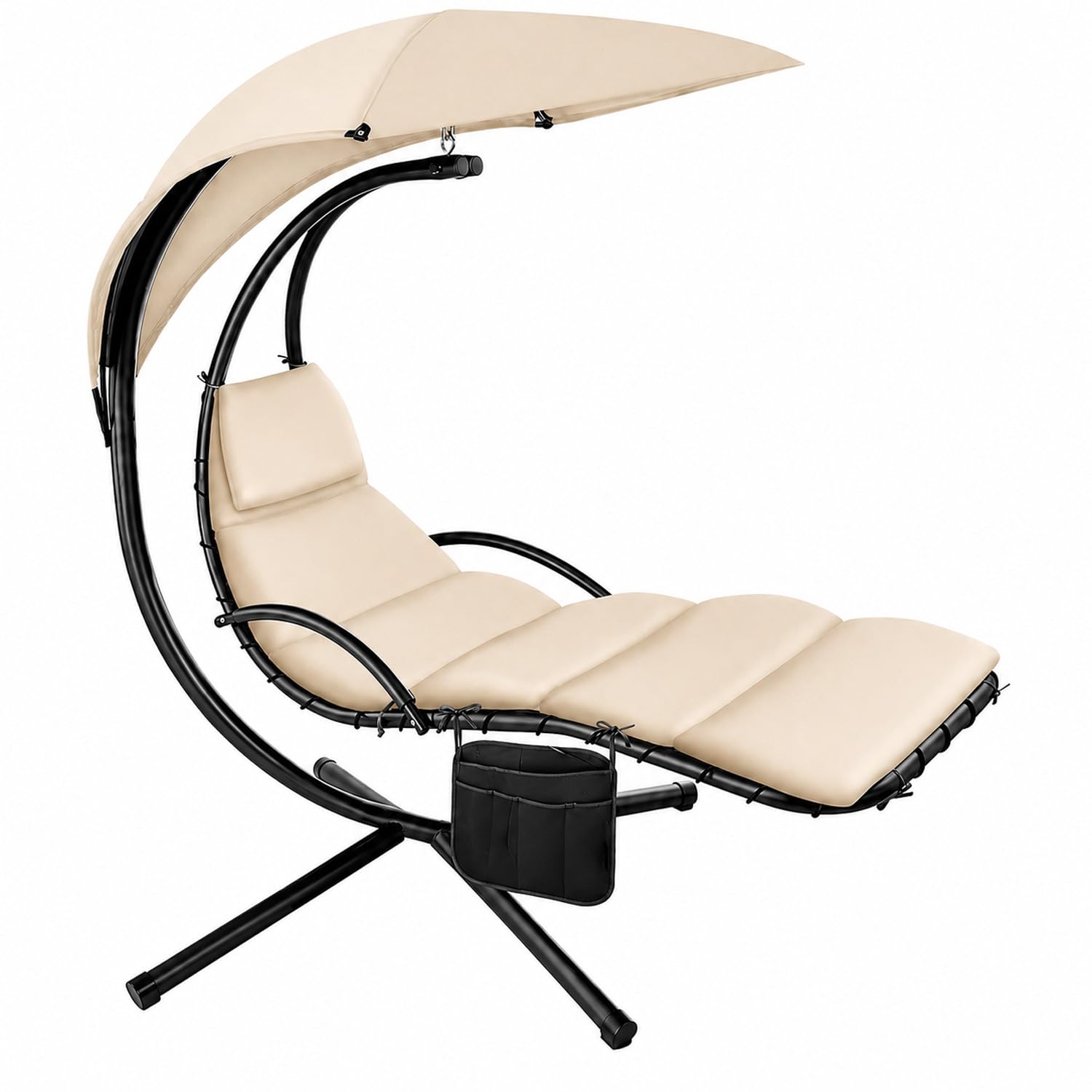BRICOZONE Sdraio A Dondolo Con Ombrellone Parasole Integrato Cuscino Imbottito Amaca Da Giardino In Acciaio E Poliestere Per Esterno Terrazzo Bordo Piscina 195 x 132 x 197 Cm Beige