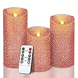 YINUO LIGHT Rose Gold Glitter Candles, Real Wax Flameless LED Pillar Candles Battery Operated 4” 5” 6 ” Set of 3 with Remote and Timer