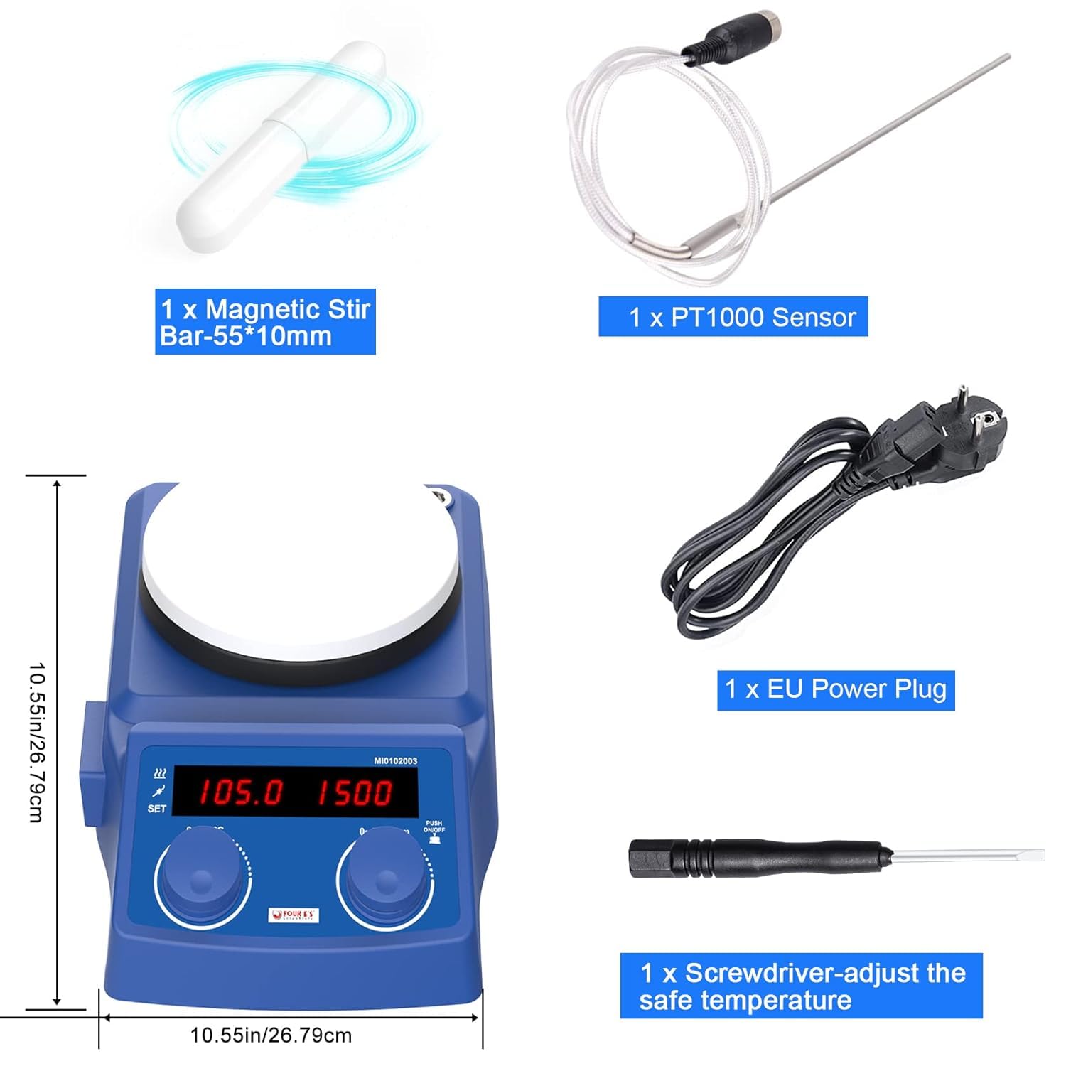 FOUR E'S SCIENTIFIC Agitatore magnetico con piastra riscaldante da 5 l, con display a LED, 100-1500 giri/min, 280 °C/536 F, con sensore PT1000 Temp (supporto non incluso)