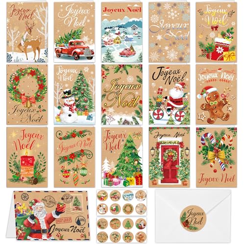 Bluelves 24 Pièces Carte De Voeux Noel,Cartes De Noel Pliantes Avec 24 Enveloppes Et Autocollants,Carte Cadeau Noel,Carte Cadeaux Artisanaux De Noël Pour Enfants Famille Amis