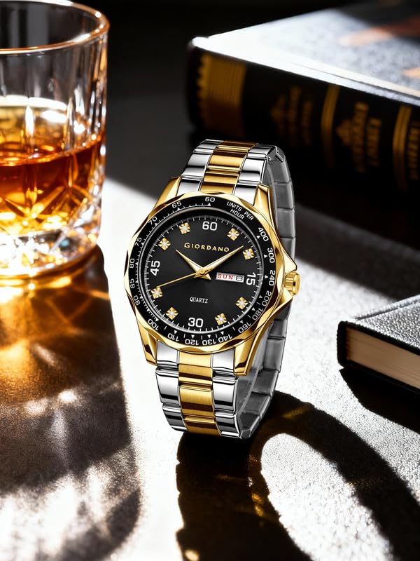 Image of Giordano Two-Tone Analog Watch for Men - Crystal Hour Markers, Textured Bezel Design, Day & Date Display, Stainless Steel Strap, Quartz Movement