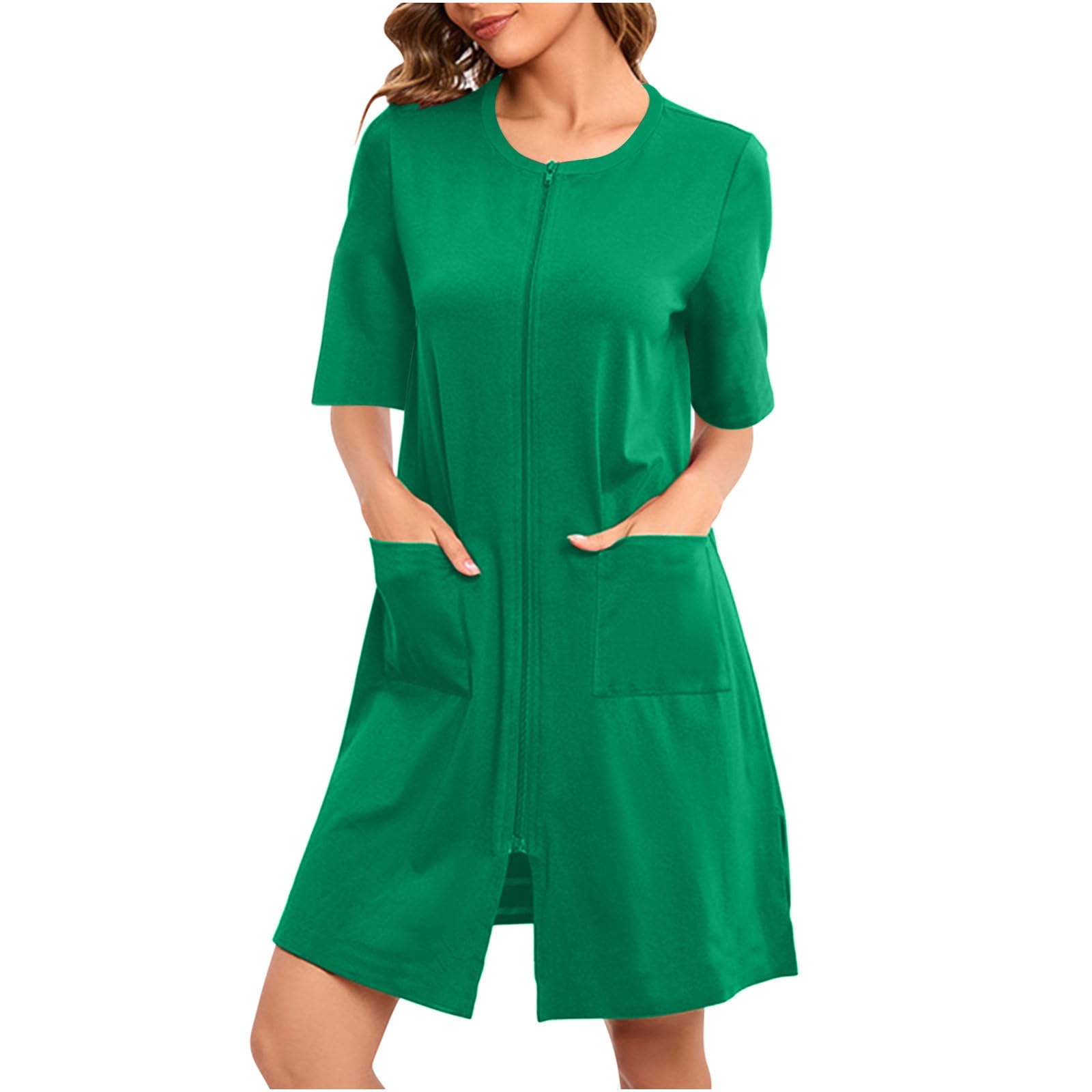 Womens Casual Zipper Bathrobe Trendy 3 4 Sleeve Nightgown Loose Round Neck Sleepwear Pajamas Robes with Pockets