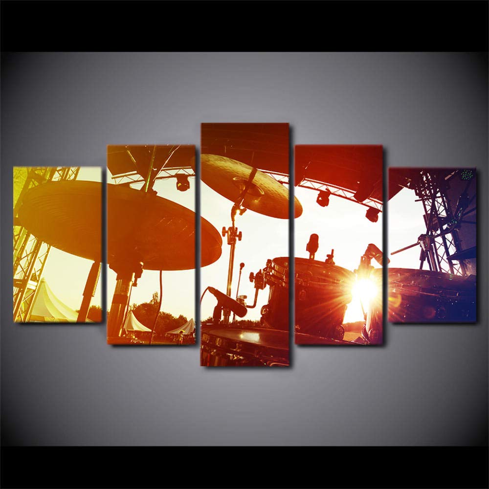 Stampa su Tela Quadro Moderno Quadro su Tela Immagini 5 Pezzi Sun Shines Strumenti Musicali Musica Rock Batteria Decorazioni per La Casa Poster Quadro Canvas Mare Fiori Musica