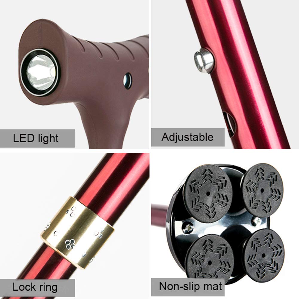 Bastón Plegable, Bastón Teleswalking con Luz Led Muletas De Mango Ergonómico Aleación De Aluminio Ayuda De Movilidad Ajustable En Altura para Ancianos Base Antideslizante Present