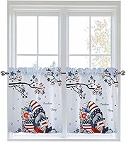 Vista 49 de Cenefa de cocina para ventanas, Día de la Independencia, pentagrama, textura de arpillera a cuadros, semitransparente, con bolsillo para barra