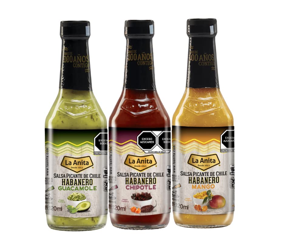Salsas picantes mexicanas La Anita Habanero Chipotle, habanero Guacamole y habanero Mango Mix 120ml cada una
