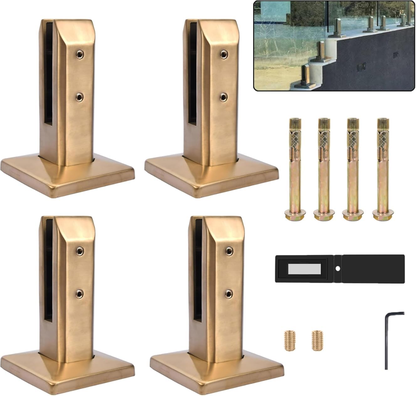 Morsetto per recinzione in vetro resistente con bullone di espansione, 4 pezzi, oro, 160 mm, ideale per pannello piscina, ponte, balaustra, ringhiera, giardino, balcone e pavimento in vetro