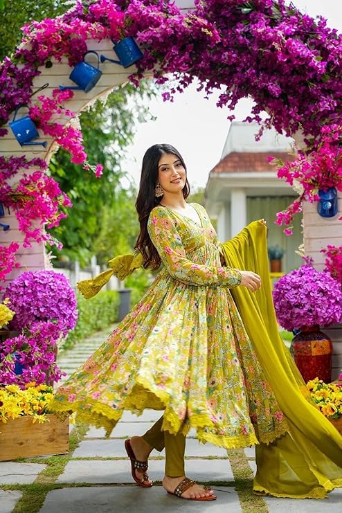 Image of KD Women's Floral Print Anarkali Kurta Set with Pant and Dupatta, Georgette, Full Sleeves, Asymmetric Hemline