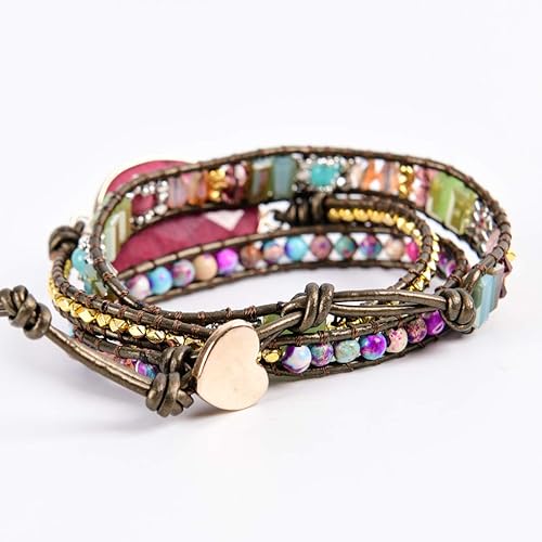 Miniatura 4 de Ygline. - Pulsera de piel hecha a mano, con piedras naturales de turquesa, jaspe y amazonita, 5 hebras, piel, pulsera bohemia.