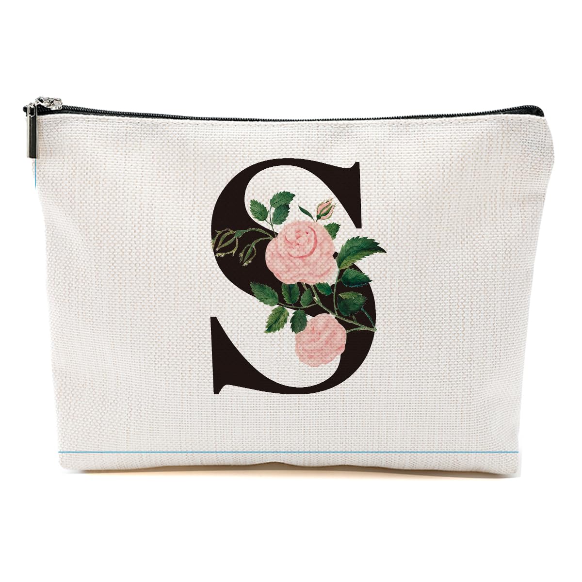MQBMQB Rose Letter Initial S Makeup Bags for Women Lined Monogram Cosmetic Bag with Zipper Birthday Gifts for Women Girls Bridesmaid Best Friends