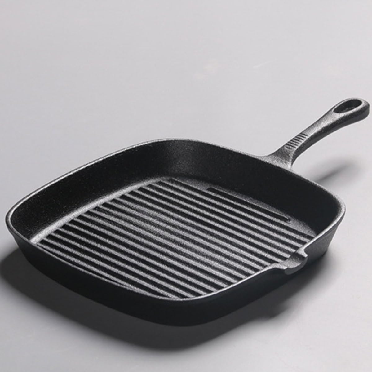 Square Cast Iron Steak Pan 24x24cm Uncoated Non-stick Frying Skillet with Striped Surface, 13cm Handle, 4cm Depth for Stove Top and Grill Cooking