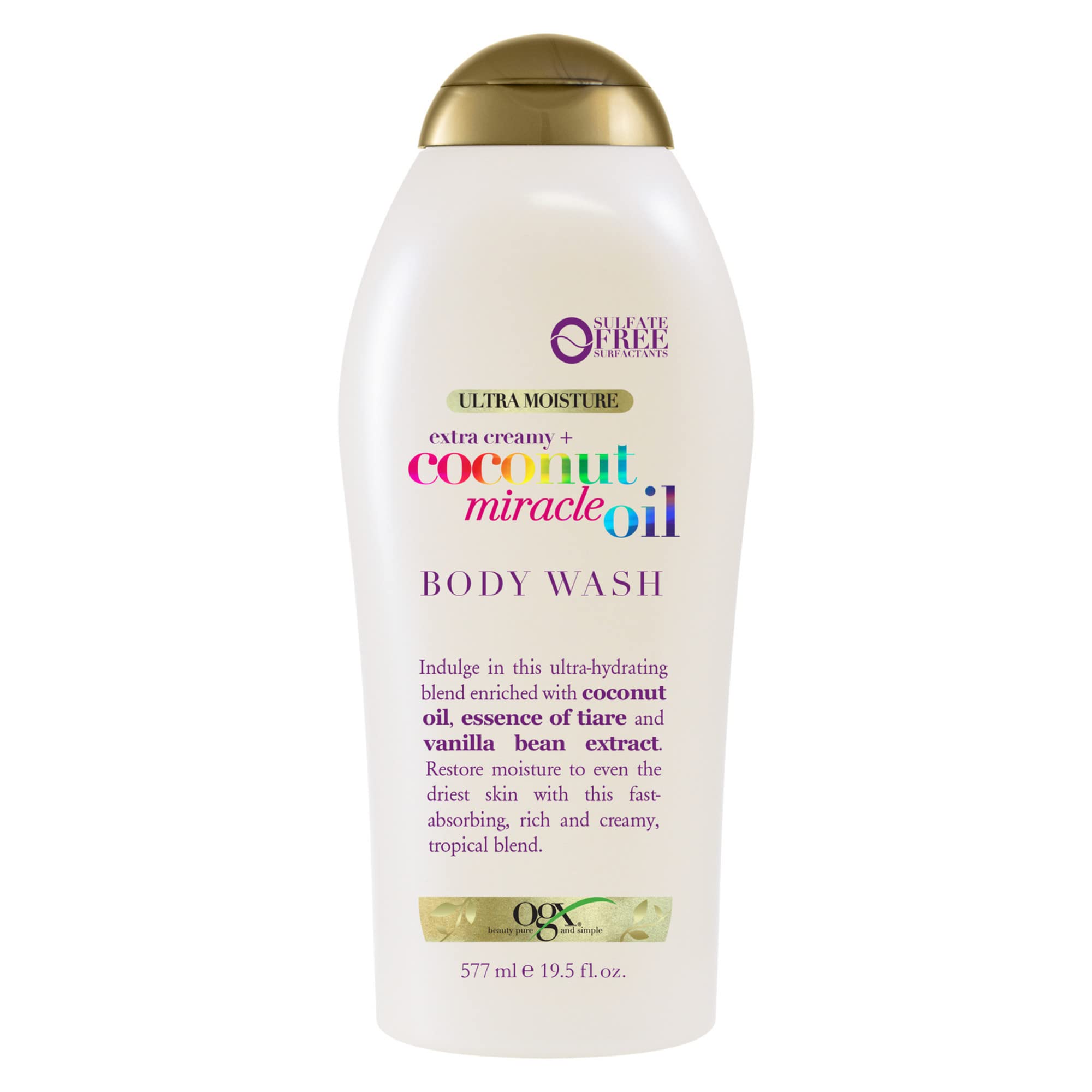 OGX Extra Creamy + Coconut Miracle Oil Ultra Moisture Body Wash, Rich Shower Gel for Dry Skin Infused with Coconut Oil, Body Wash for Women, Sulfate-Free Surfactants, 19.5 fl. oz