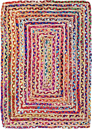 Image of Handmade Natural Jute Cotton Natural Fibers Floor /Door Mat Rugs Furnish Decor Striped Rectangular Design Carpet for Bedroom Living Room (JUTE004, 2x6-Runner)