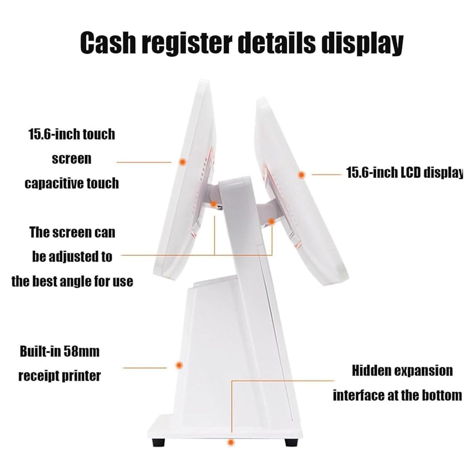 Caisse Enregistreuse à écran Tactile Double écran, Systèmes de Point de Vente PC à écran Tactile de 15.6 Pouces, pour la Vente au Détail, la Restauration, l'hôtellerie,White