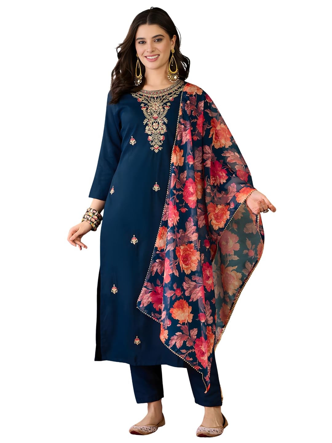 Women's Rayon Embroidered and Printed Straight Kurta with Pant and Dupatta Sets (Available in Plus Size) (NX3-513)