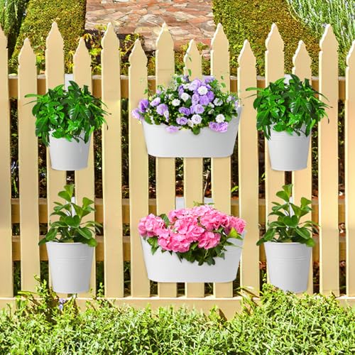 Madholly MADHOLLY-HANGING-FLOWER-POTS-6PCS 6Pack Railing Planter With Drainage- 10.6 Inch & 5.1 Inch Bucket Pots For Balcony Railing- Metal Iron Hanging Flower Pots For Herb Planter Outdoor Deck & Rail Decor thumb #4