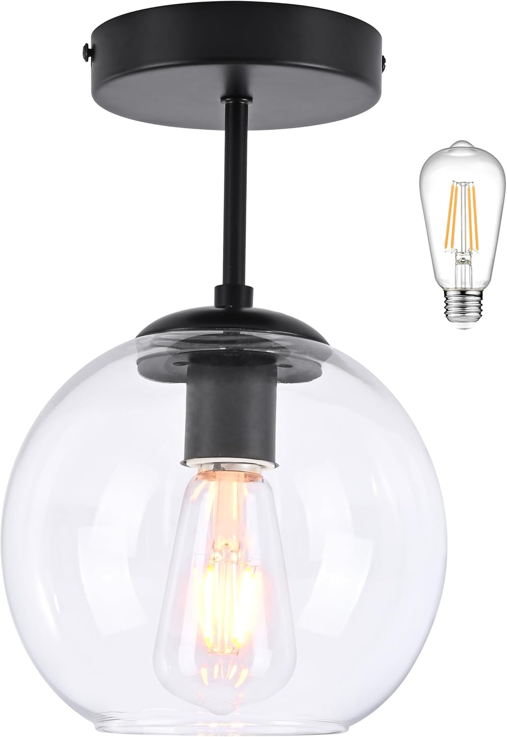 Black Semi Flush Mount Ceiling Light Fixture with Clear Glass Light Fixture Mid Century Light Fixture Black Semi Flush Ceiling Light Fixture for Dining Room Living Room Kitchen (Bulb Included) Clear Black