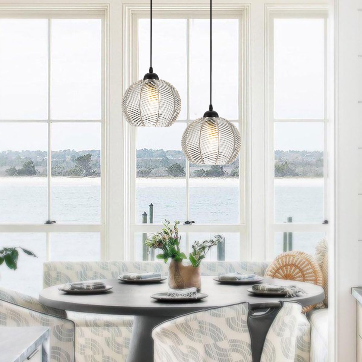 Qufute Glass Globe Pendant Lights, Clear Ribbed Glass Shade Mid  