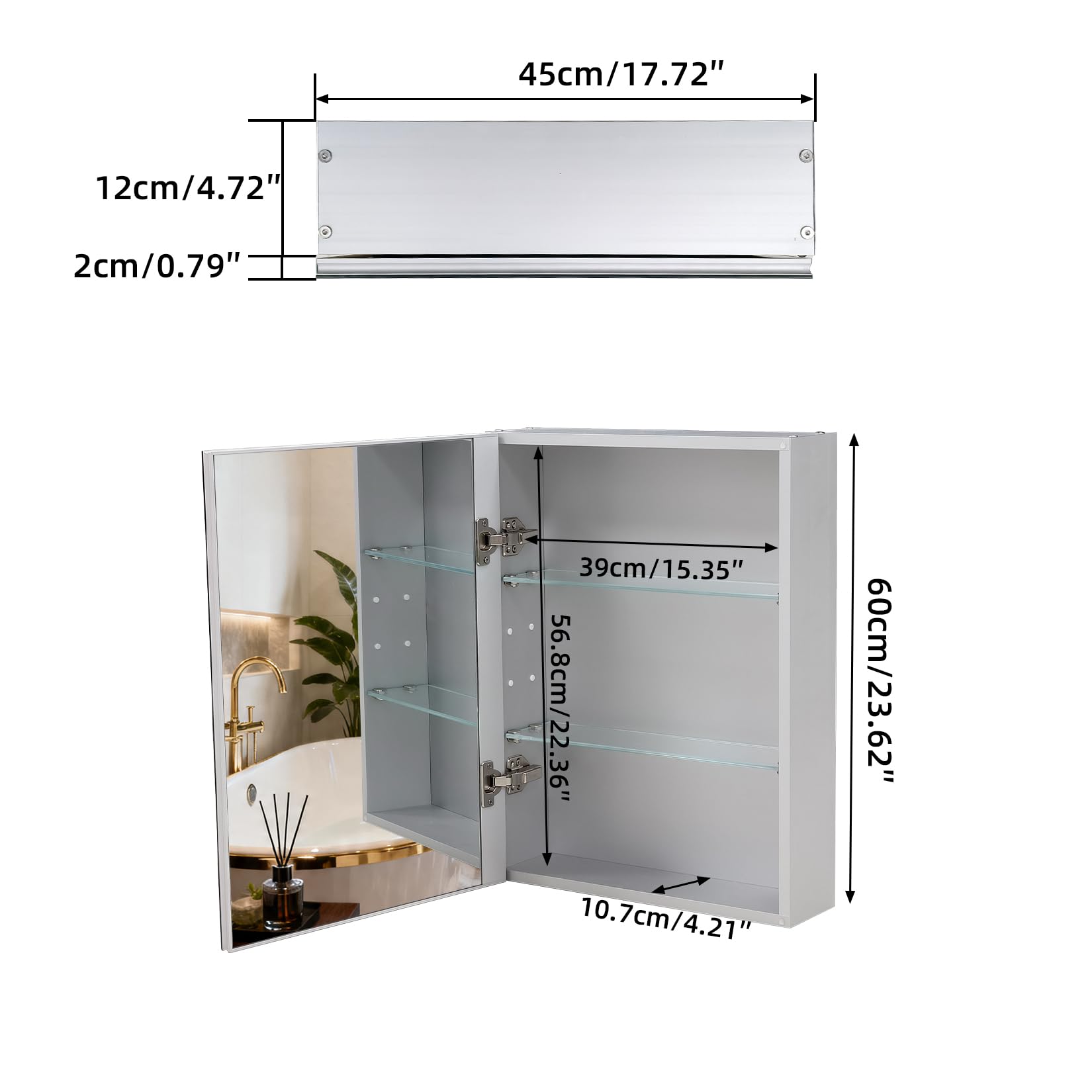 Botiquín de baño de 45 x 60 cm con espejo, marco de aluminio, ligero, resistente y atractivo, apto para empotrar o montar en la pared, estantes ajustables, vidrio templado