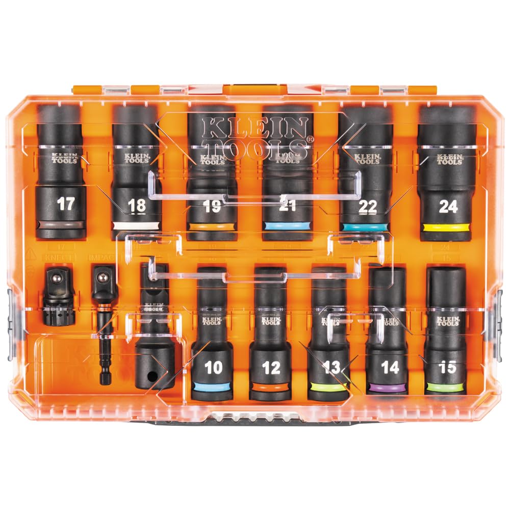 Klein Tools 65111IMPCTM KNECT Set di bussole a percussione per pozzi profondi, attacco da 1/2", metriche, codificate a colori, custodia MODbox, adattatore e prolunga per impatto, 14 pezzi