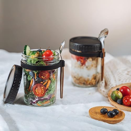 Miniatura 2 de Overnight Oats Tarros con tapa y cuchara, juego de 2, recipiente de avena hermético de gran capacidad de 10 onzas con marcas de medición, tarros