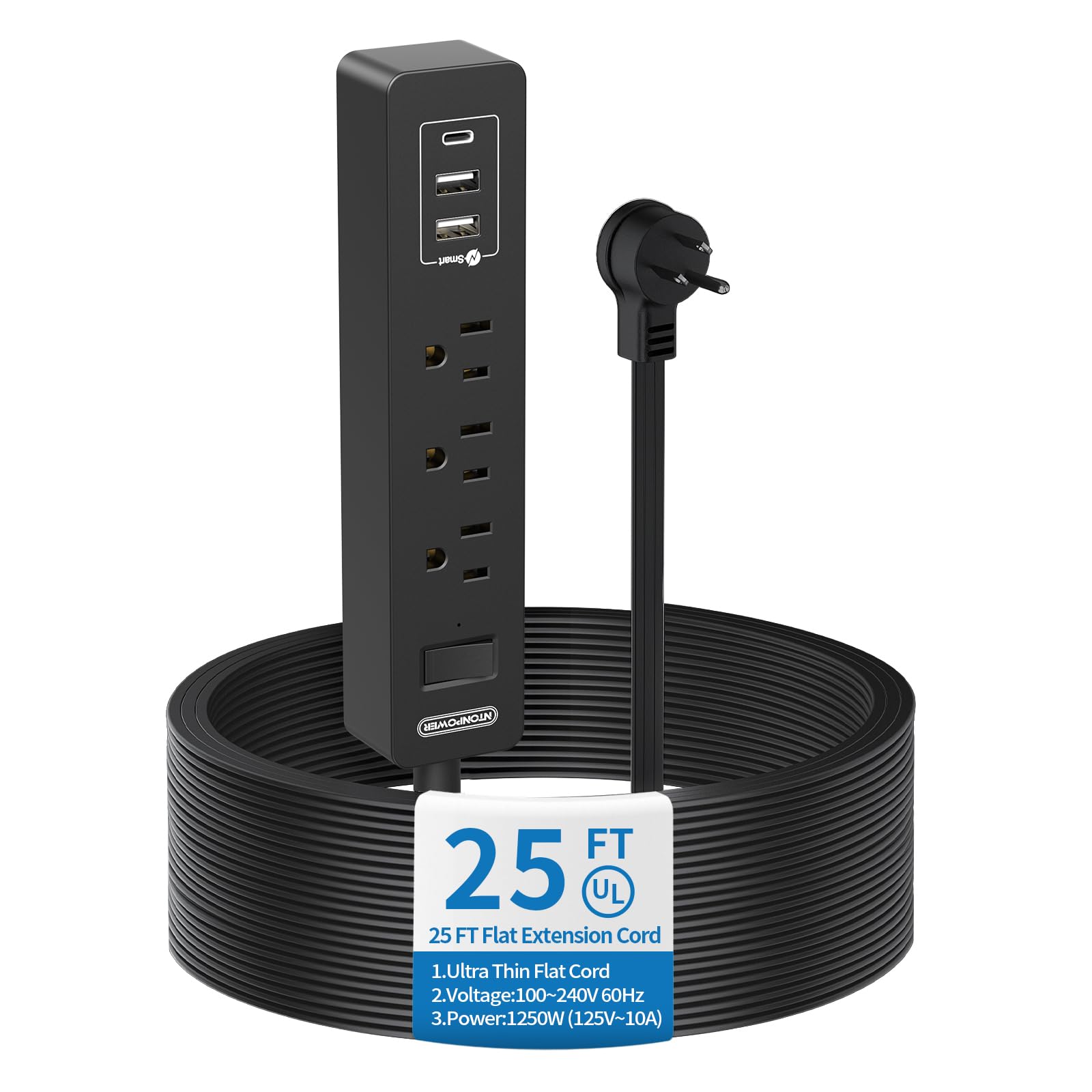 Flat Plug Extension Cord 25 Ft, NTONPOWER Ultra Thin Flat Extension Cord Under Carpet, Rug, Door, 3 Outlets Power Strip with 3 USB (1USB-C), Wall