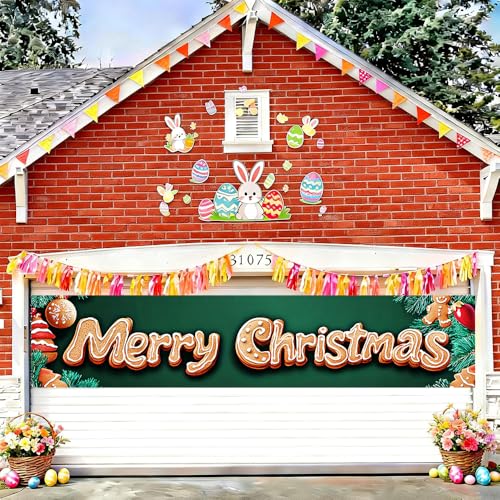 Image of Gingerbread Letter Christmas Banner 78.7 x 17.7 Inch Cookie Text with Christmas Tree Ornament and Snowflake Design Festive Holiday Decoration for Yard Fence Garden or Indoor Wall Display