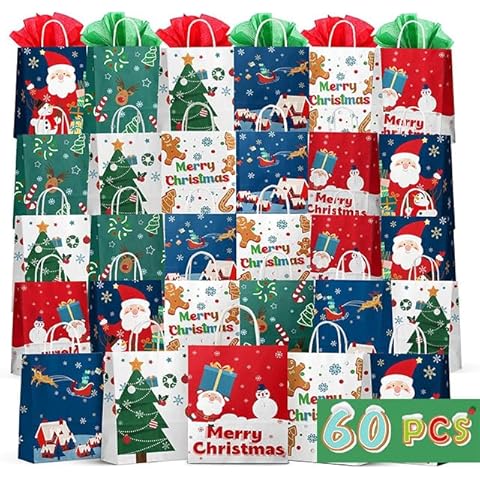 Kidtion Christmas Gift Bags 60 PCS, Durable Christmas Bags with Tissue Paper, 6 Styles Gift Bags Bulk with Handles, Reusable Small Gift Bags Xmas Paper Bags, Party Favors Holiday Gift Bags Cover