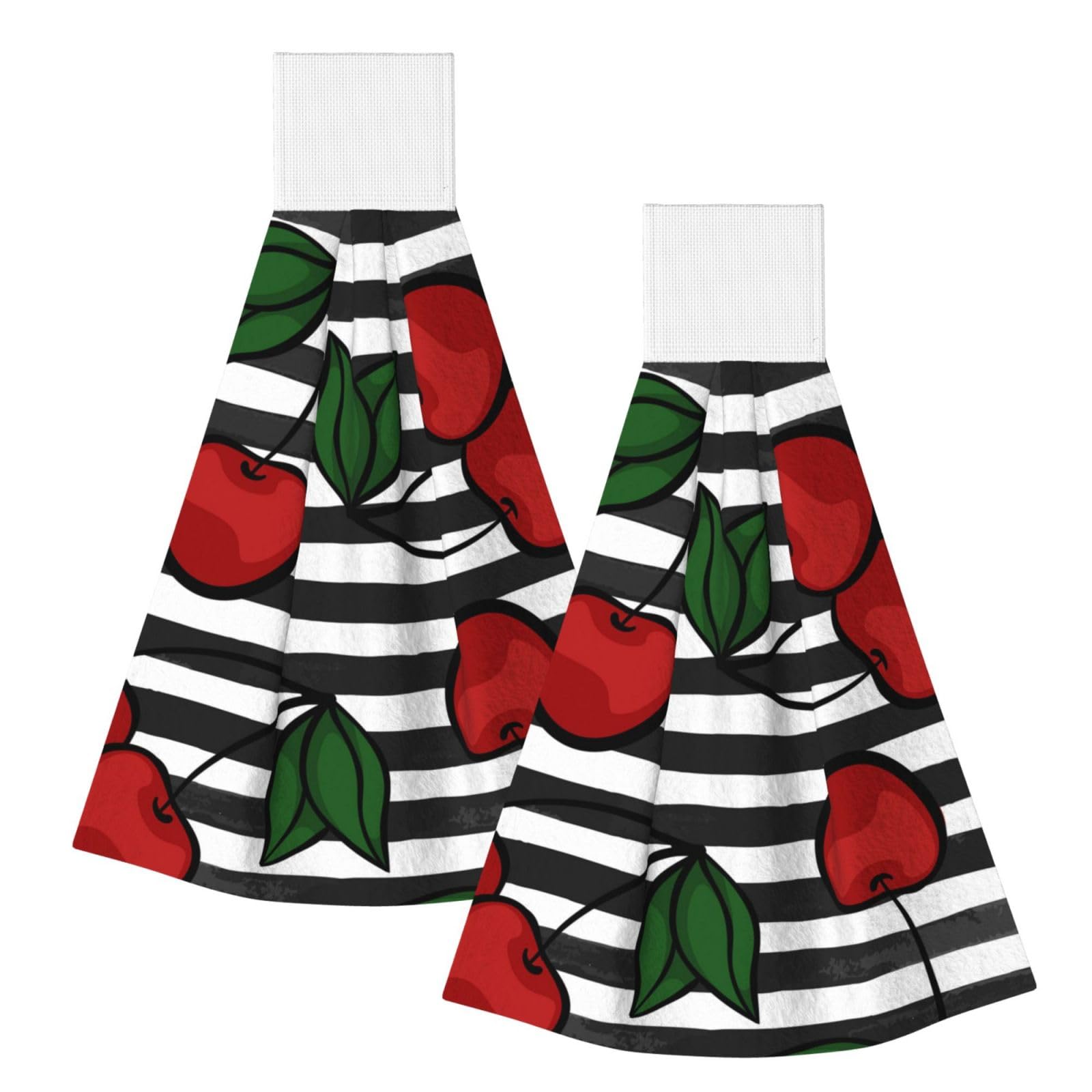 DOPKLNA With Cherry On Black And White, 2 Pcs Hanging Coral Fiber Hand Towels for Bathroom, Absorbent Kitchen Towels