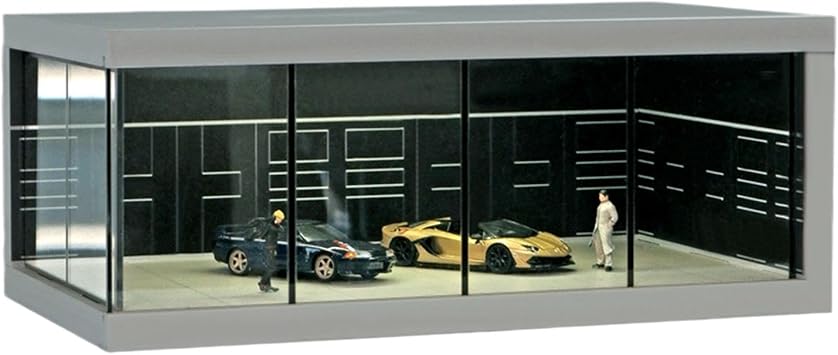 164 Scale Parking Lot Display Case Mini Model Car Storage Box Dustproof Diecast Car Garage Protective Organizer Vehicle Scene Toy Layout with LED Light