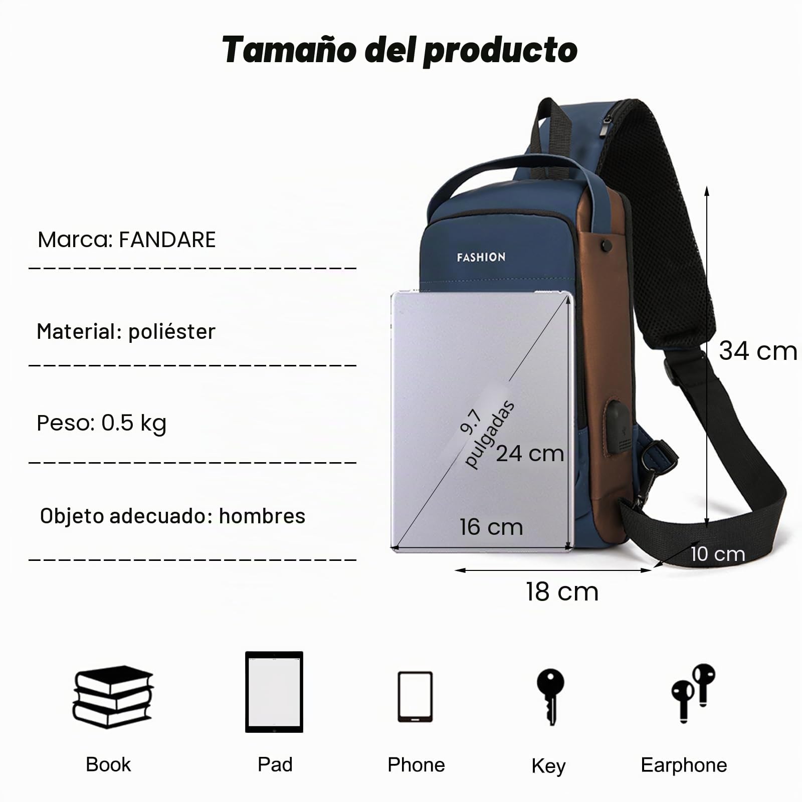 FANDARE Antirrobo Bolsa Bandolera Mochila Cruzada Hombre Bolso Cruzado con USB Hombre Bolsa de Pecho Gran capacidad Crossbody Sling Bag para Viajes Ciclismo Trabajo Senderismo Sling Bag