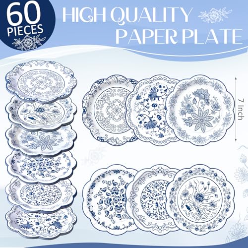 Image of Funnymoom 60 Pcs 7 Inch Blue Floral Plate Blue White Chinoiserie Scalloped Paper Plate for Dessert Porcelain Disposable Party Decor Tableware, Vintage Birthday Wedding Bridal Shower Tea Party Supplies