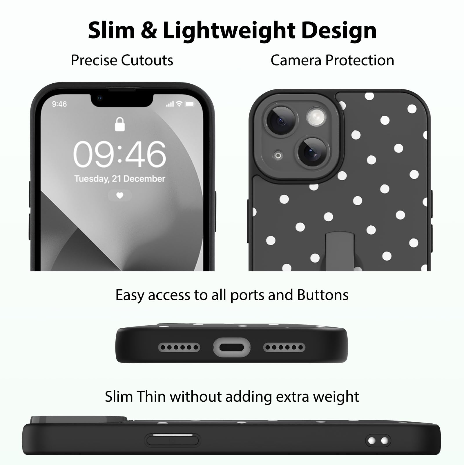 KANGHAR Funda compatible con iPhone 13, diseño de lunares negros, bonita funda para teléfono para mujeres, niñas y hombres, a prueba de golpes, delgada, funda protectora para teléfono de 13 y 6.1