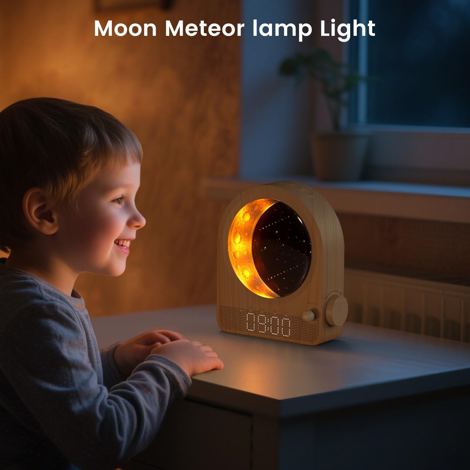 Despertador Sunrise Light, despertador de habitación con ruido blanco y luz lunar, 10 melodías, función de cuenta atrás y brillo ajustable - Madera