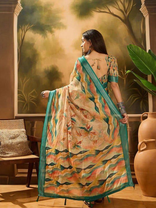 indian Cotton Floral Printed Saree, Beige and Green, Lightweight Fabric, Ethnic Wear for Women