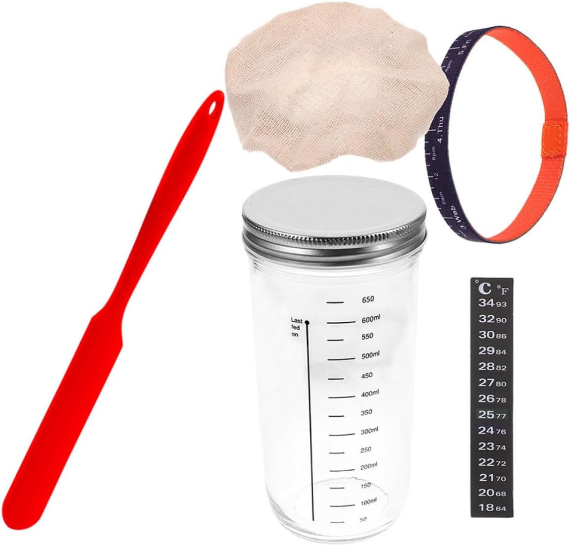 Sourdough Starter Jar Set with Thermometer Lid and Spatula, 5pcs Glass Fermentation Kit with Scale, Cloth Cover, Silicone Scraper, and Elastic Band for Home Baking and Grain