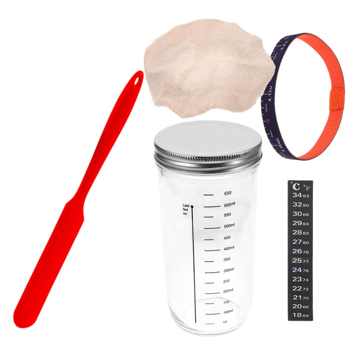 Healeved Set di Barattoli per Lievito Naturale con Coperchio in Vetro con Cucchiaio in Silicone e Temperatura, Vaso per Fermentazione Sourdough con Graduazione e Coperchio