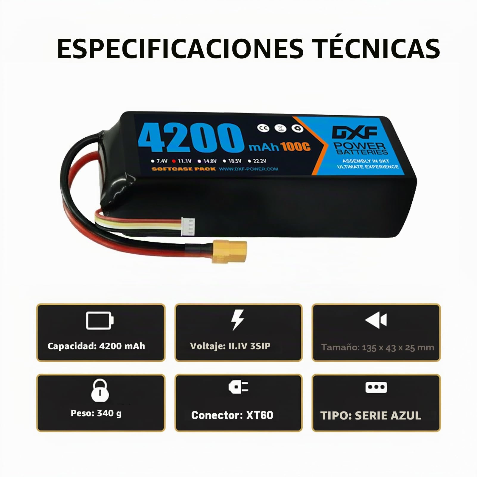 DXF 2 Pack Batería LiPo 3S 11.1V 4200mAh 100C Conector XT60 Coche RC 1/8 1/10 Buggy Truggy Monster Truck Radiocontrol Alta Descarga Polímero Litio Brushless Racing